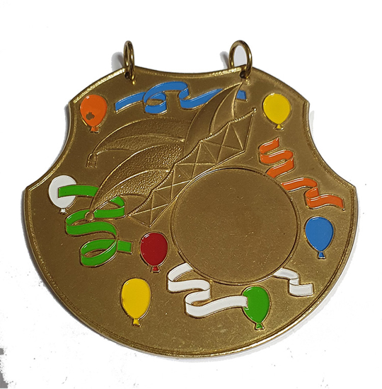 Afbeeldingen van Medaille Schild Goud met Steek Gekleurd 70 mm (Close out)